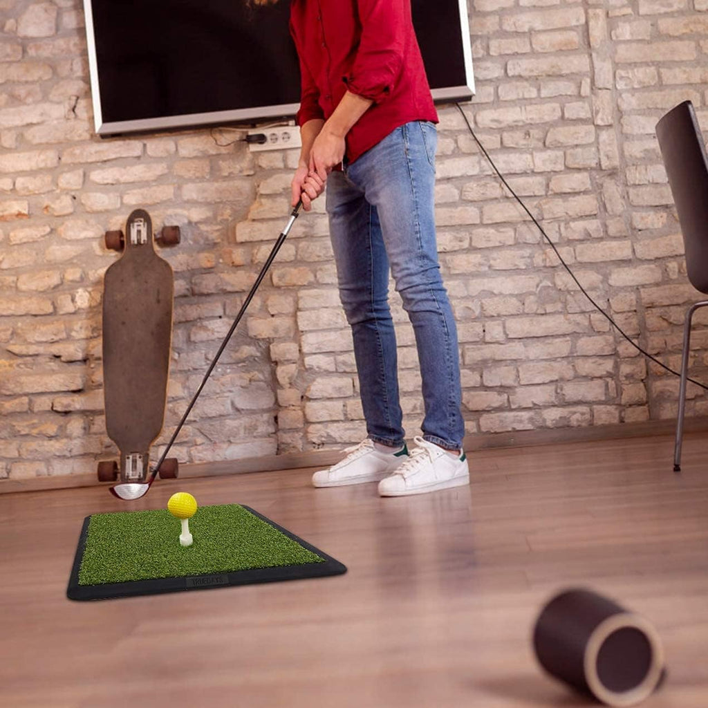 Dual-Turf Golf Hitting Mat, Portable Heavy Rubber Base Golf Practice Hitting Mat with Tee for Indoor & Outdoor Golf Training