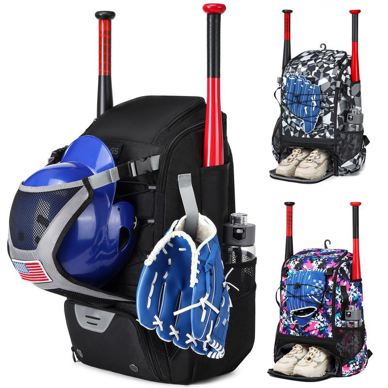 Youth & Adult Baseball Softball Bag - Lightweight Bat Backpack with Fence Hook, Large Main Compartment for Helmet & Tball Equipment, Separate Shoe Pocket