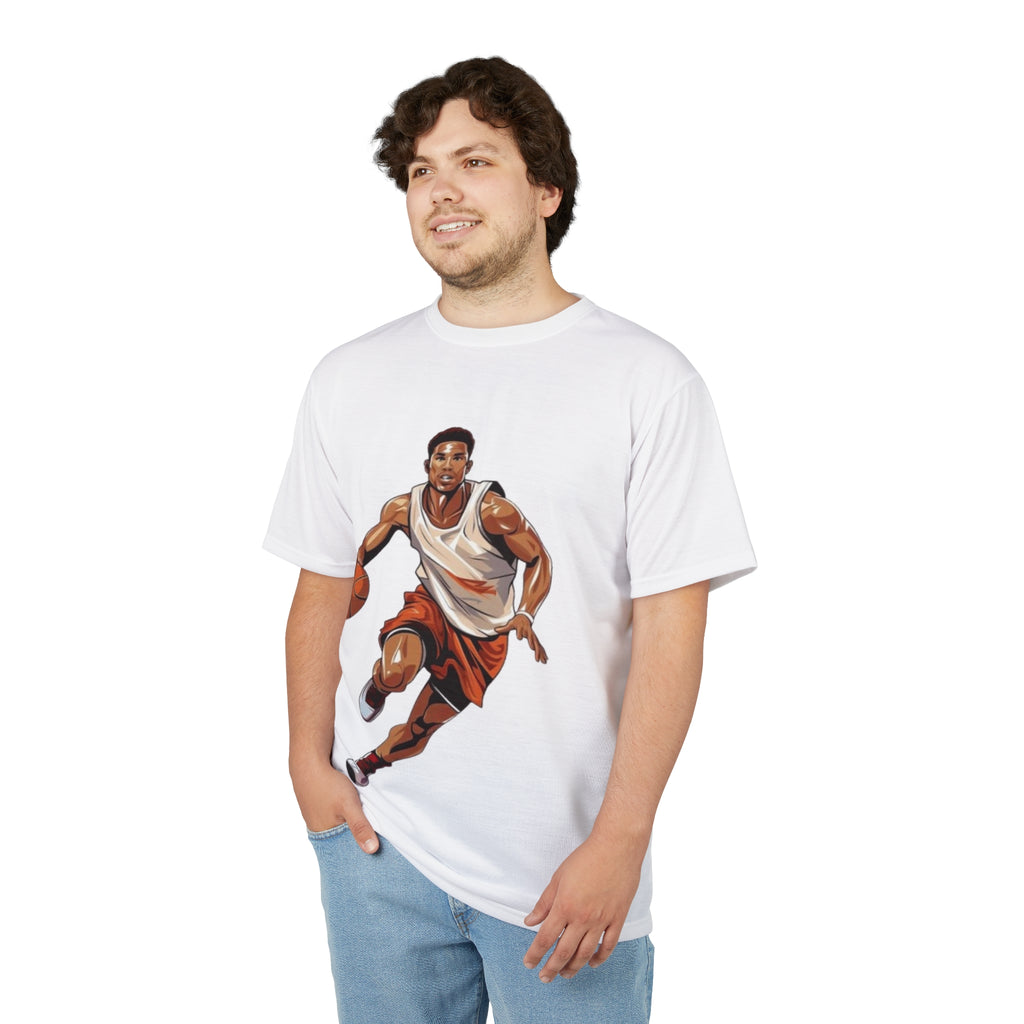 Basketball Player Graphic Tee — Dribbling Hoop Shirt for Athletes & Fans