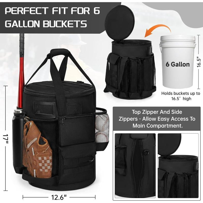 Baseball Bucket Bag, Style Softball Bucket Cover for 6 Gallon Bucket, Coaching Accessories Organizer with Multiple Pockets for Bat, Gloves, Scoreboard