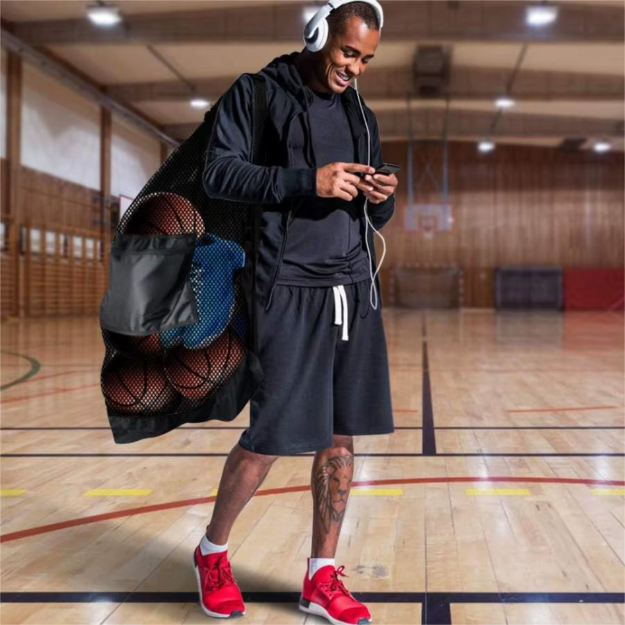 Large Mesh Sports Bag with Shoulder Straps, Drawstring Bag for Storing Basketball, Volleyball, Baseball, and Swimming Equipment