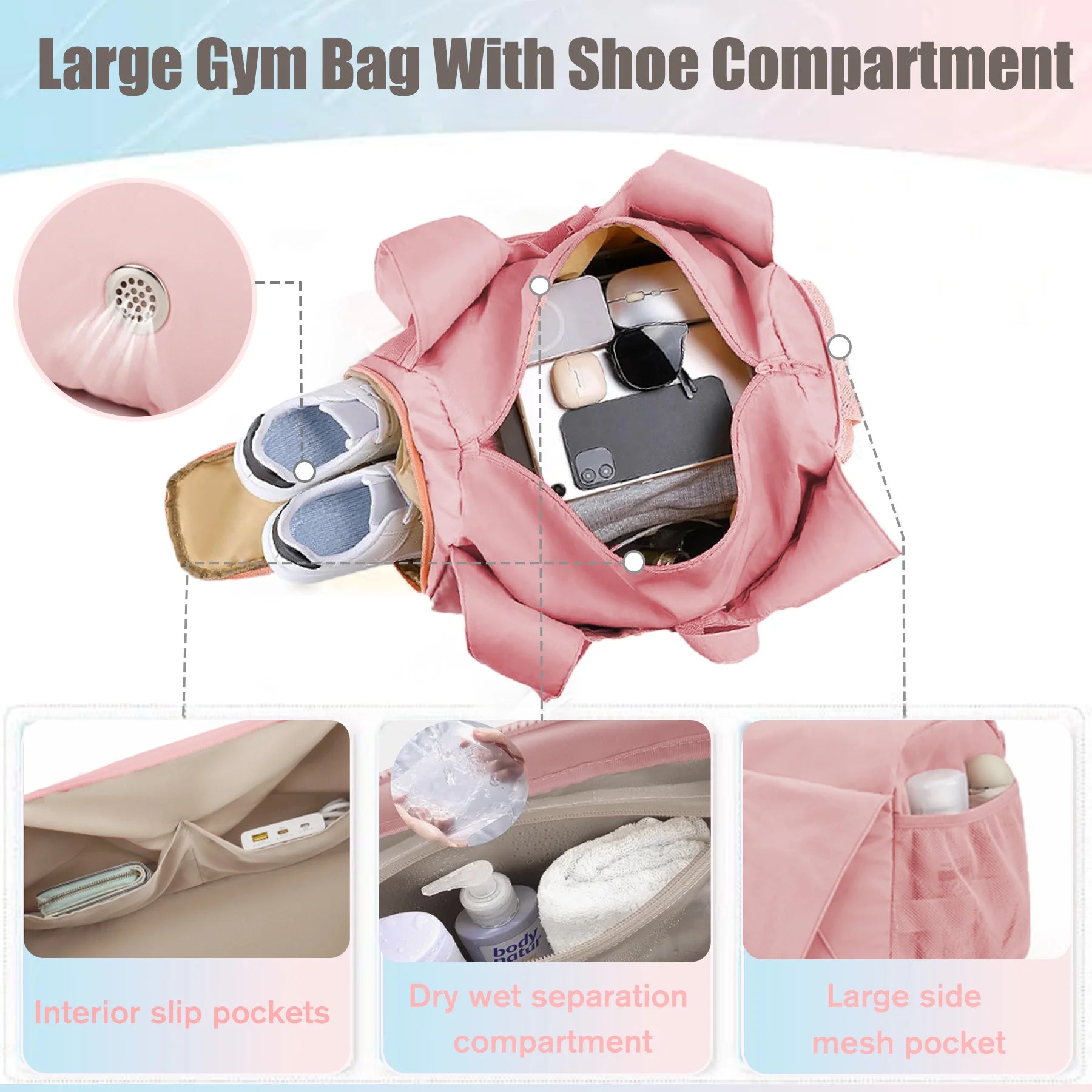 Waterproof Gym Bag Women Men, Foldable Sports Duffle Bag with Water Bottle Carrier Bag, Lightweight Travel Duffle Bag with Shoe Compartment for Gym, Yoga, Travel, Pink