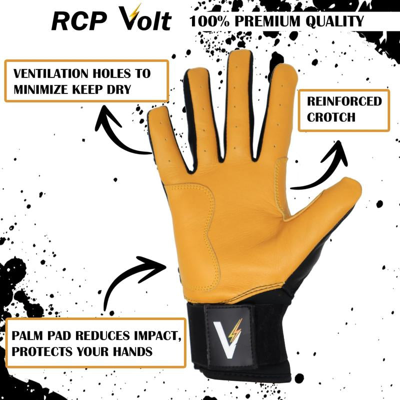 RCP Volt Baseball and Softball Batting Gloves – Rip and Tear Resistant – Reinforced Crotch, Super Grip Extended Cuff, Padded Protection, Adjustable Sizes, Guantes De Bateo