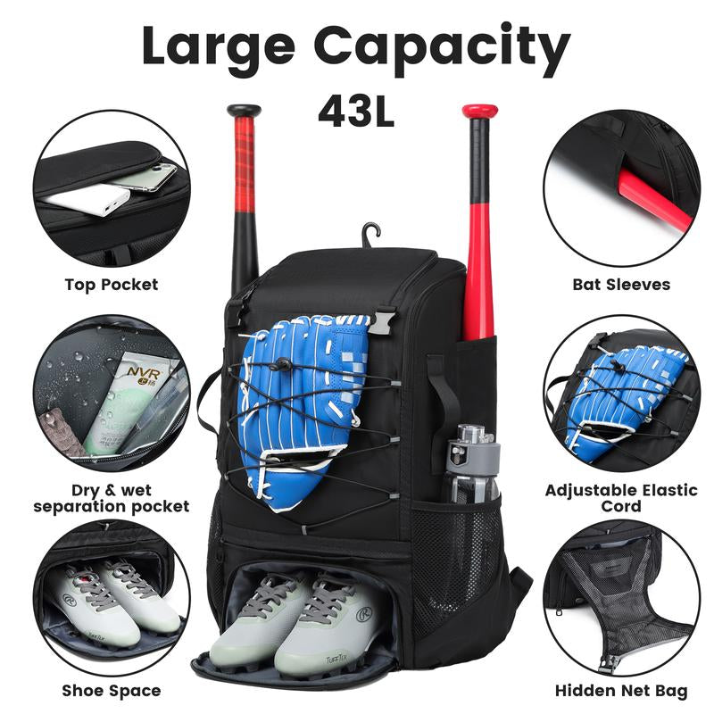 Youth & Adult Baseball Softball Bag - Lightweight Bat Backpack with Fence Hook, Large Main Compartment for Helmet & Tball Equipment, Separate Shoe Pocket