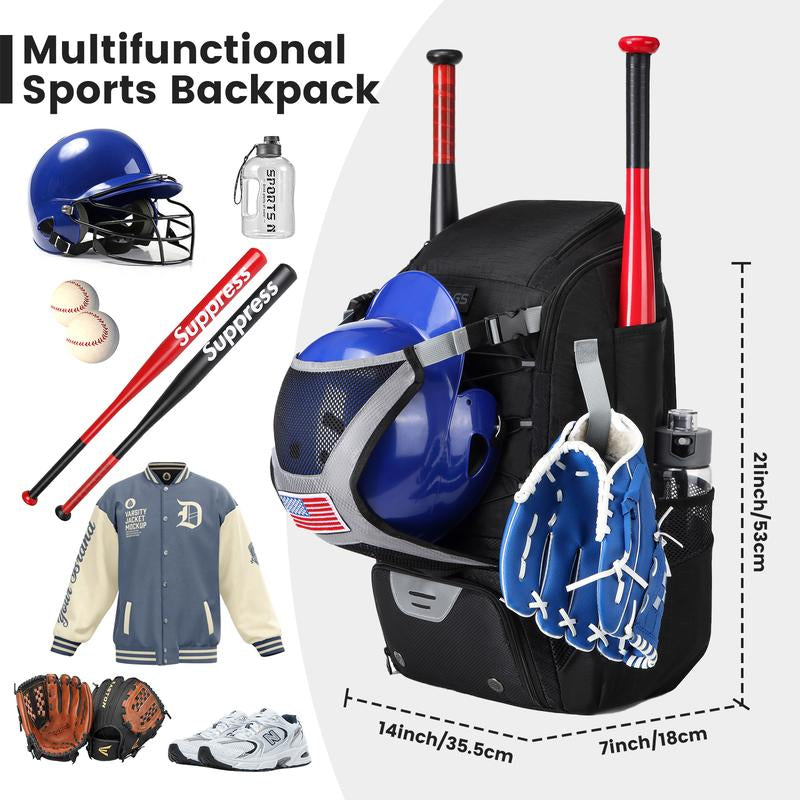 Youth & Adult Baseball Softball Bag - Lightweight Bat Backpack with Fence Hook, Large Main Compartment for Helmet & Tball Equipment, Separate Shoe Pocket