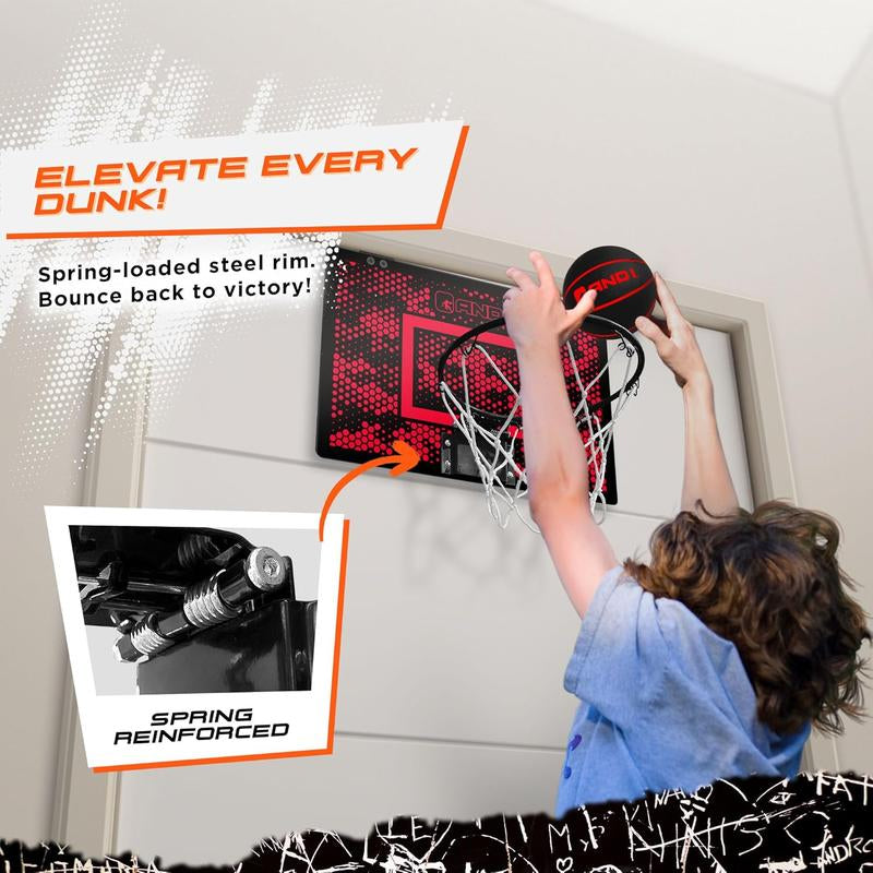 AND1 over the Door Mini Basketball Hoop: 18X12 Shatterproof Backboard, 2 Mini Basketballs, and Hand Pump Included - Ultimate Indoor Accessory