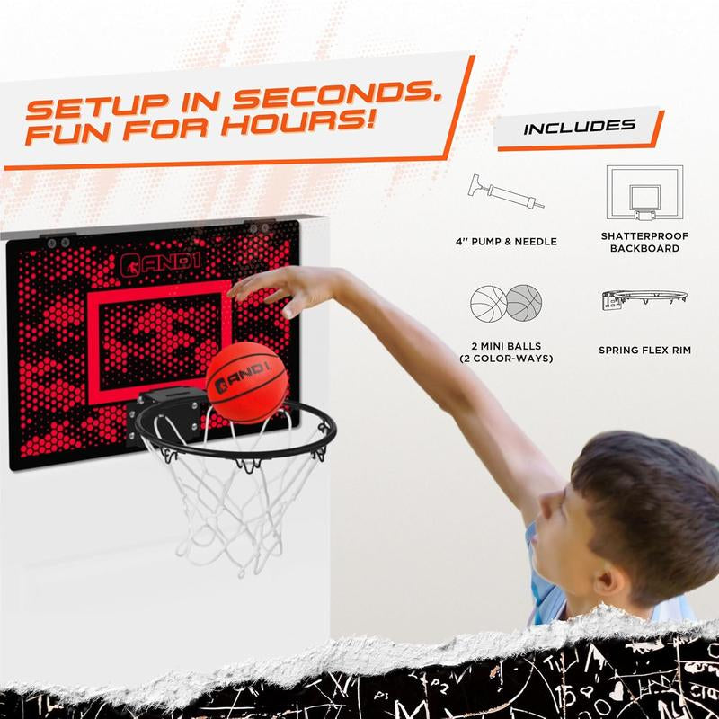 AND1 over the Door Mini Basketball Hoop: 18X12 Shatterproof Backboard, 2 Mini Basketballs, and Hand Pump Included - Ultimate Indoor Accessory