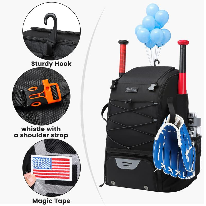 Youth & Adult Baseball Softball Bag - Lightweight Bat Backpack with Fence Hook, Large Main Compartment for Helmet & Tball Equipment, Separate Shoe Pocket